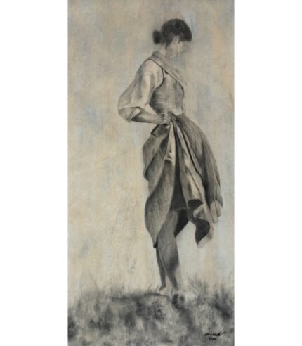 Vertical charcoal and pastel drawing of a woman in a flowing dress by The Indobrit Arts.