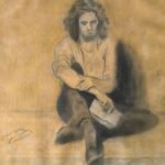 High-detail charcoal and warm pastel portrait of a seated man by The Indobrit Arts.