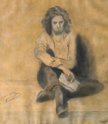 High-detail charcoal and warm pastel portrait of a seated man by The Indobrit Arts.
