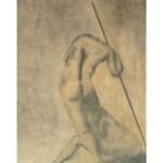 Anatomical charcoal study of a male figure with a staff on a pastel background by The Indobrit Arts.