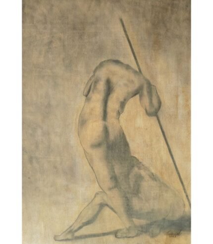 Anatomical charcoal study of a male figure with a staff on a pastel background by The Indobrit Arts.