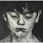 Large 21x20 inch realistic charcoal pencil drawing titled The Boy Feeling by The Indobrit Arts showing a detailed emotive portrait of a boy.