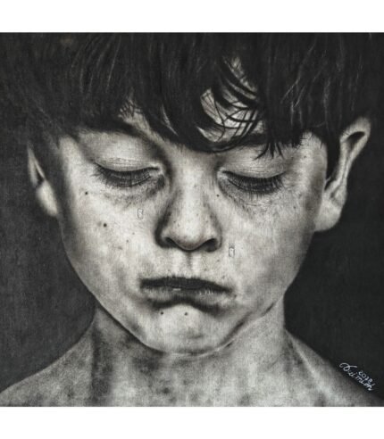 Large 21x20 inch realistic charcoal pencil drawing titled The Boy Feeling by The Indobrit Arts showing a detailed emotive portrait of a boy.