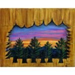 A 14x18 inch oil pastel landscape painting on canvas board titled "Nature Covered with Nature" by The Indobrit Arts, featuring pine trees at sunset framed by a textured wooden stick border.
