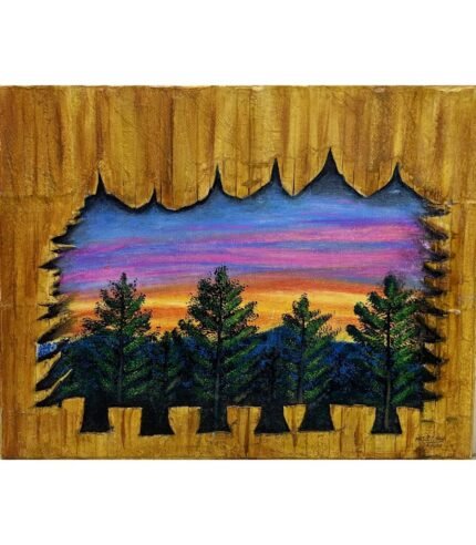 A 14x18 inch oil pastel landscape painting on canvas board titled "Nature Covered with Nature" by The Indobrit Arts, featuring pine trees at sunset framed by a textured wooden stick border.