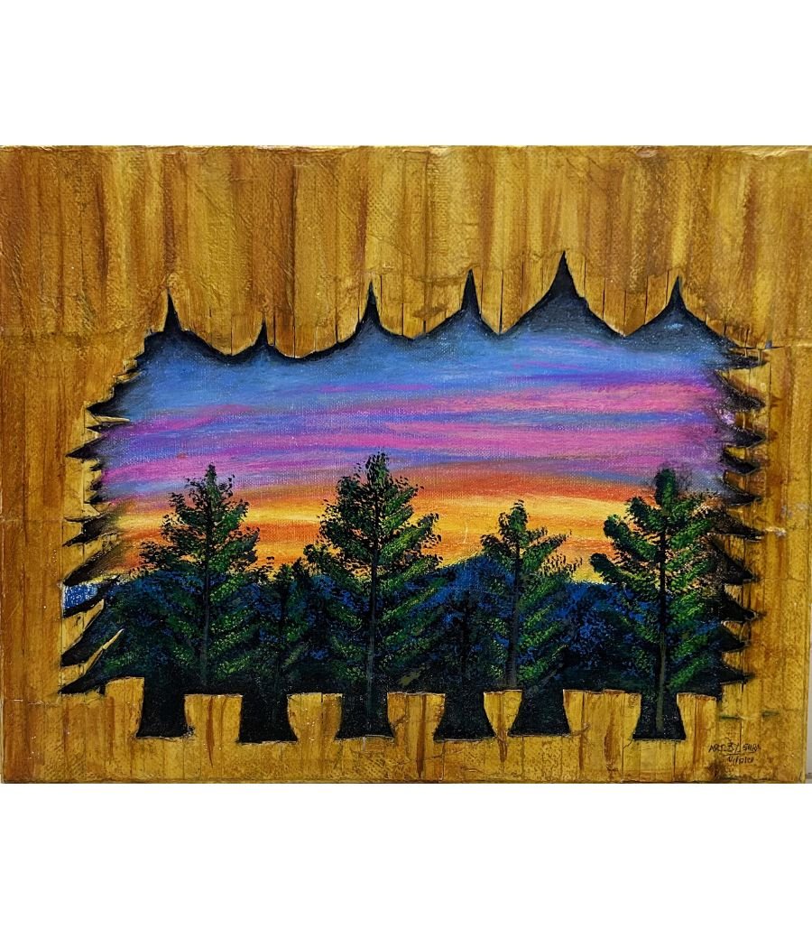 NATURE COVERED WITH NATURE A 14x18 inch oil pastel landscape painting on canvas board titled "Nature Covered with Nature" by The Indobrit Arts, featuring pine trees at sunset framed by a textured wooden stick border.