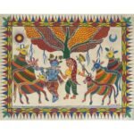 Original Gond folk art painting titled Krishna with Radha and Cows by The Indobrit Arts, featuring divine figures and patterned cows under a stylized tree in vibrant colors.