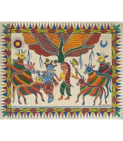 Original Gond folk art painting titled Krishna with Radha and Cows by The Indobrit Arts, featuring divine figures and patterned cows under a stylized tree in vibrant colors.