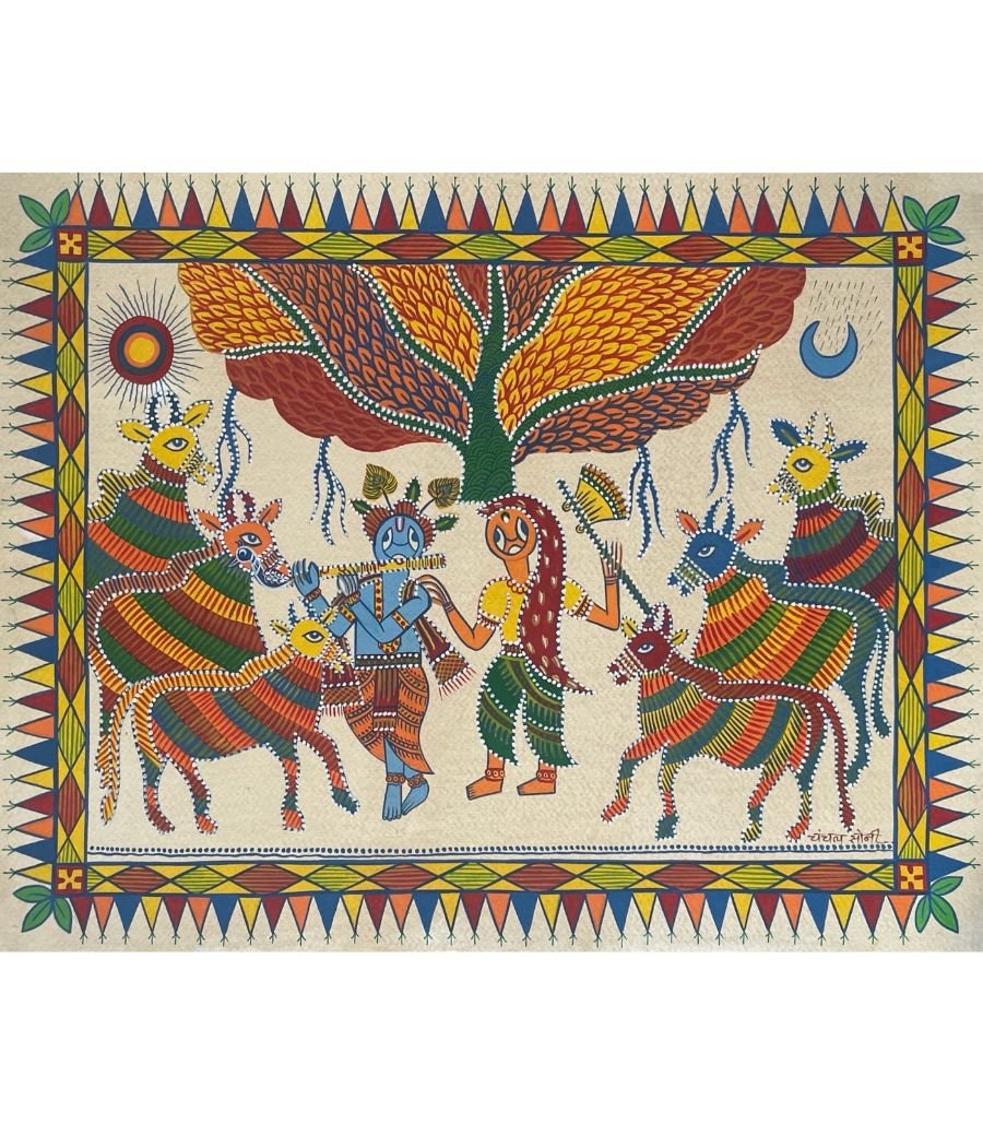 IMG_9522 Original Gond folk art painting titled Krishna with Radha and Cows by The Indobrit Arts, featuring divine figures and patterned cows under a stylized tree in vibrant colors.