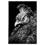 Detailed 15x23 inch charcoal and pencil drawing of a peacock titled Regal Gaze by The Indobrit Arts featuring intricate feathers and high-contrast shading.