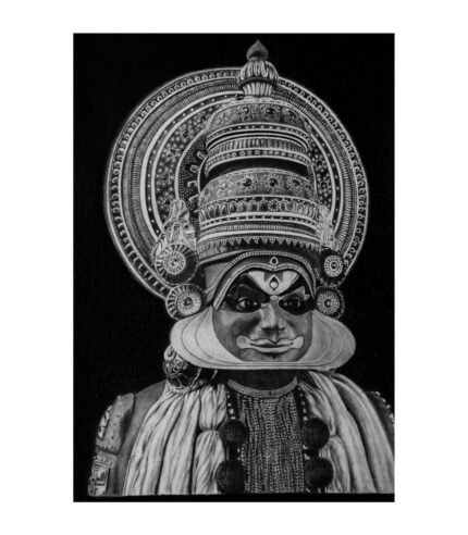 Realistic 16x23 inch charcoal and pencil drawing of a Kathakali dancer with intricate headgear titled Essence of Kathakali by The Indobrit Arts.