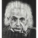 "The Knowledge" by The Indobrit Arts: A hyper-realistic 19.5x17 inch charcoal pencil portrait of Albert Einstein featuring intricate facial details and high-contrast shading on paper.