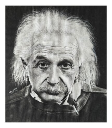 "The Knowledge" by The Indobrit Arts: A hyper-realistic 19.5x17 inch charcoal pencil portrait of Albert Einstein featuring intricate facial details and high-contrast shading on paper.