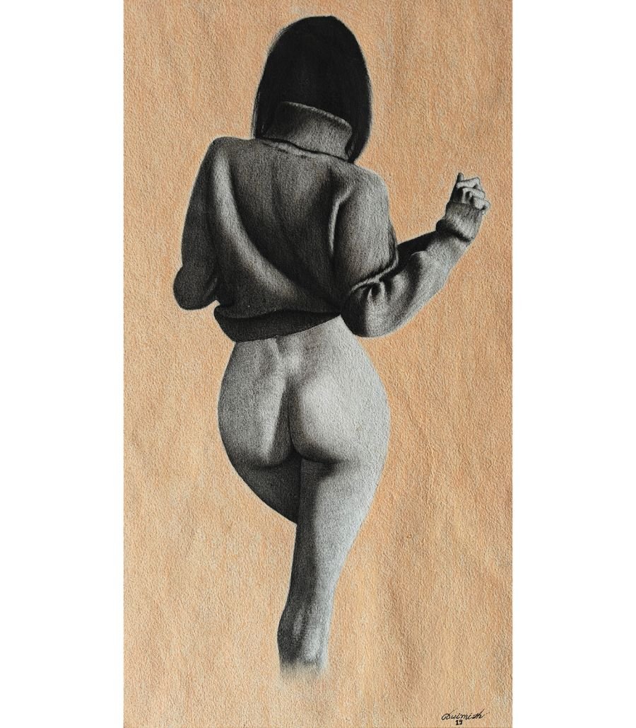 lady leg "The Vision" by The Indobrit Arts: A 20x10 inch figurative charcoal drawing of a woman's silhouette wearing a sweater, set against a tan pastel background.