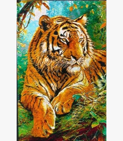 A detailed tiger portrait created with intricate thread art techniques by Ms. Praveena, featuring 35 distinct shades of thread on a 32x22 inch canvas.