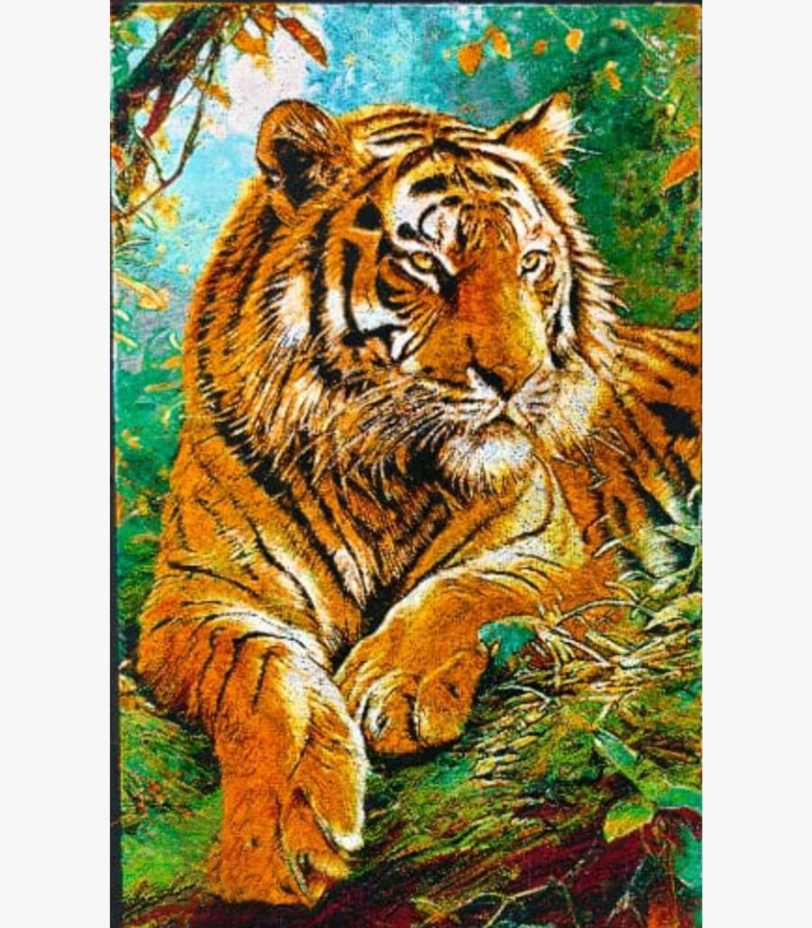 The Art of Precision: Tiger Thread Art A detailed tiger portrait created with intricate thread art techniques by Ms. Praveena, featuring 35 distinct shades of thread on a 32x22 inch canvas.