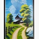 16x24 inch original acrylic landscape painting of a rustic house and green path titled "A Beautiful Homestead in Nature’s Lap" by artist Falguni Dhapa.