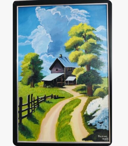 16x24 inch original acrylic landscape painting of a rustic house and green path titled "A Beautiful Homestead in Nature’s Lap" by artist Falguni Dhapa.