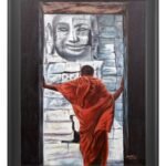 Oil painting by Dilip Bagda titled "Towards Buddha" showing a monk in red robes looking at a giant stone Buddha face.