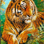 A detailed tiger portrait created with intricate thread art techniques by Ms. Praveena, featuring 35 distinct shades of thread on a 32x22 inch canvas.
