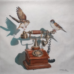 An original acrylic painting by Mr. Shrinivasa titled Echoes of Connection, featuring a vintage wood and brass rotary telephone with two sparrows, one perched and one in flight, on an 18x18 canvas