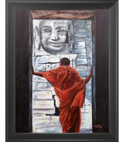 Oil painting by Dilip Bagda titled "Towards Buddha" showing a monk in red robes looking at a giant stone Buddha face.
