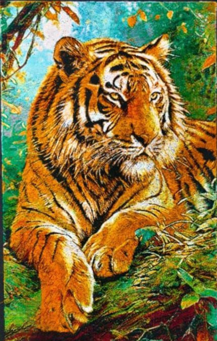 A detailed tiger portrait created with intricate thread art techniques by Ms. Praveena, featuring 35 distinct shades of thread on a 32x22 inch canvas.