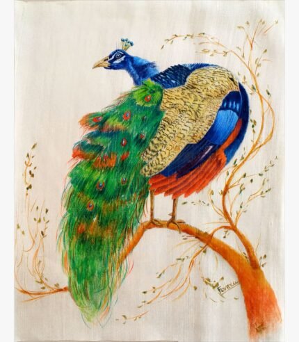 A detailed hand-painted peacock with vibrant blue and green plumage on silk fabric, created by artist Forena Shah.