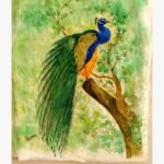 A vibrant silk painting of a peacock perched on a branch against a lush green background, hand-painted by Forena Shah.