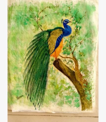A vibrant silk painting of a peacock perched on a branch against a lush green background, hand-painted by Forena Shah.