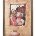 19x27 inch oil painting titled "Kutch" by Dilip Bagda, featuring people in traditional attire within a rustic Indian home setting