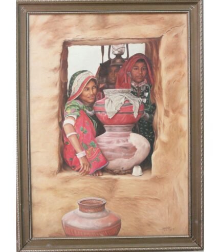 19x27 inch oil painting titled "Kutch" by Dilip Bagda, featuring people in traditional attire within a rustic Indian home setting