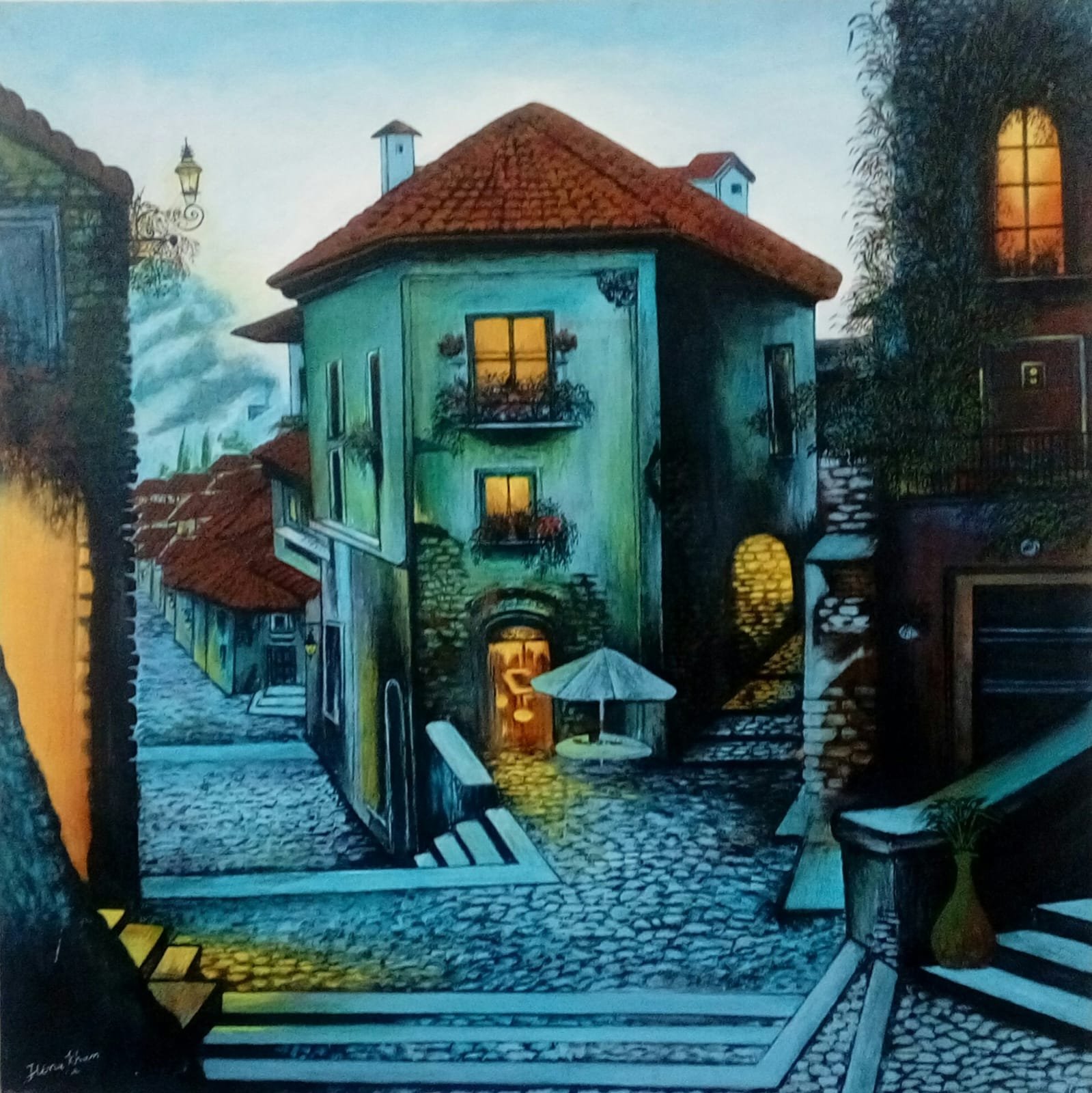 IMG-20260218-WA0053 Original acrylic on canvas painting titled "Silence" by Hina Khan, featuring a moonlit turquoise building and cobblestone street.