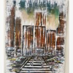 Textured acrylic on canvas painting titled "City Life" by Hina Khan, depicting a modern city skyline with orange and grey tones.