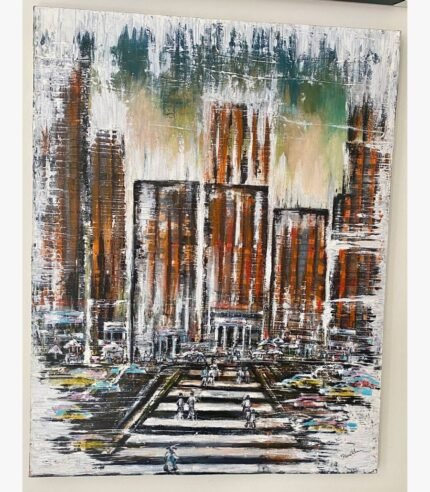 Textured acrylic on canvas painting titled "City Life" by Hina Khan, depicting a modern city skyline with orange and grey tones.