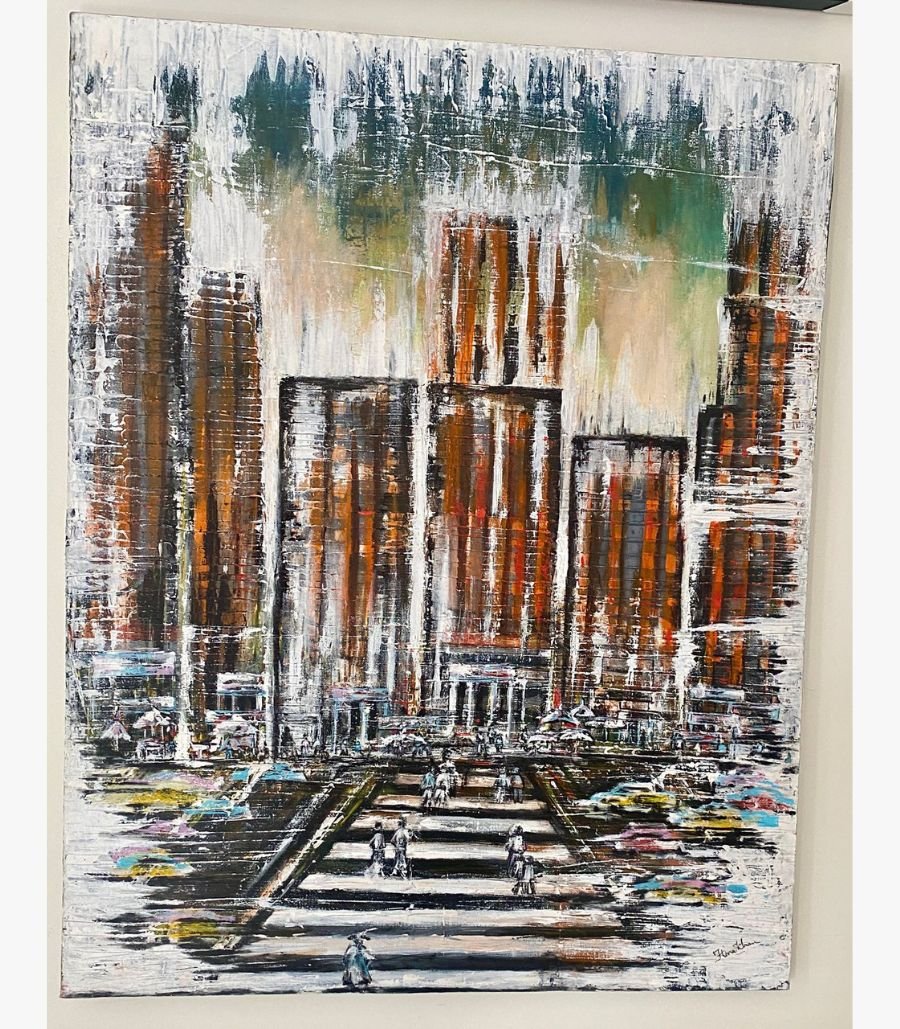 IMG-20260218-WA0054 Textured acrylic on canvas painting titled "City Life" by Hina Khan, depicting a modern city skyline with orange and grey tones.