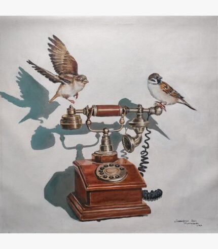 An original acrylic painting by Mr. Shrinivasa titled Echoes of Connection, featuring a vintage wood and brass rotary telephone with two sparrows, one perched and one in flight, on an 18x18 canvas