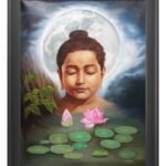 Large 38x48 inch oil painting titled "Buddha Meditation" by Dilip Bagda, featuring Buddha's face before a full moon and lotus flowers.
