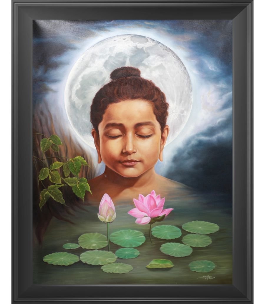 IMG_0821 Large 38x48 inch oil painting titled "Buddha Meditation" by Dilip Bagda, featuring Buddha's face before a full moon and lotus flowers.