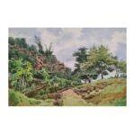 Original watercolor landscape titled "Green Monsoon" by The Indobrit Arts, showing a domed building through lush green trees on handmade paper.