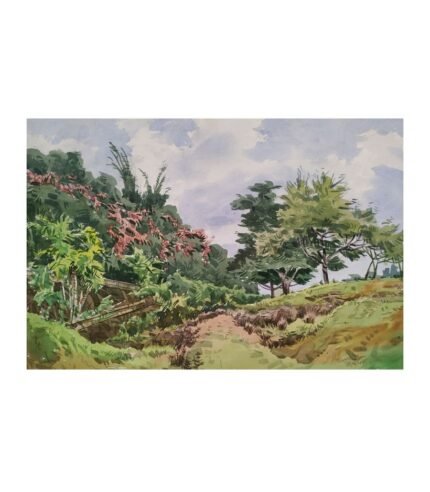 Original watercolor landscape titled "Green Monsoon" by The Indobrit Arts, showing a domed building through lush green trees on handmade paper.