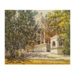 Original 17x14.3 inch oil on canvas painting titled "Villa through the Trees" by Suresh Raval, depicting a classical building through sunlit branches.