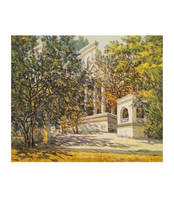 Original 17x14.3 inch oil on canvas painting titled "Villa through the Trees" by Suresh Raval, depicting a classical building through sunlit branches.