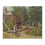 17x14.3 inch oil on canvas painting of a fallen tree trunk in front of a stone building, titled "Landscape with Fallen and Surviving Trees.