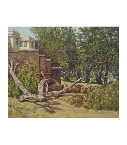 17x14.3 inch oil on canvas painting of a fallen tree trunk in front of a stone building, titled "Landscape with Fallen and Surviving Trees.