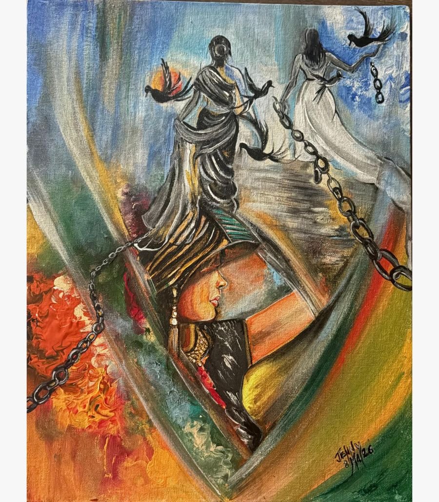 Breaking the Cycle A vibrant acrylic painting on canvas featuring three female figures and symbolic motifs of chains and birds. In the center, a woman’s profile is framed by a diamond shape, while above, two figures in flowing garments reach toward black birds. A heavy metal chain draped across the composition is broken, set against a background of swirling oranges, greens, and blues