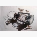 Original acrylic painting titled Yesterday's Shadow by Mr. Shrinivasa, featuring a rustic vintage lantern surrounded by four sparrows with dramatic shadows on a 24x36 inch canvas.