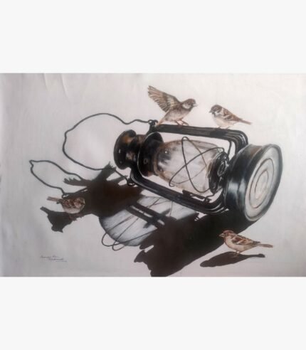 Original acrylic painting titled Yesterday's Shadow by Mr. Shrinivasa, featuring a rustic vintage lantern surrounded by four sparrows with dramatic shadows on a 24x36 inch canvas.