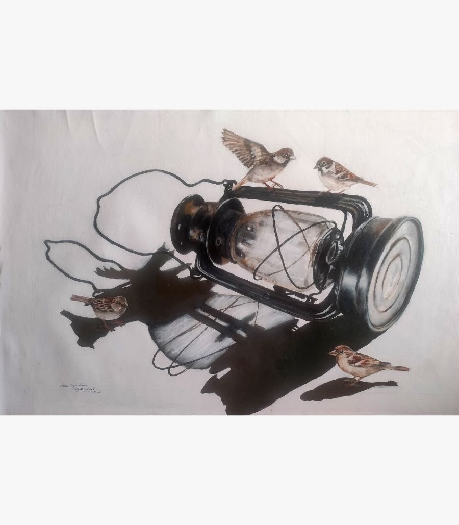 Shadows_of_yesterday_s001_ AcrylicsonCanvas_24x36_Rs35000 Original acrylic painting titled Yesterday's Shadow by Mr. Shrinivasa, featuring a rustic vintage lantern surrounded by four sparrows with dramatic shadows on a 24x36 inch canvas.