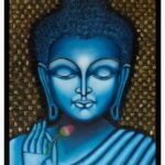 22x26 inch framed acrylic painting of a blue Buddha holding a lotus bud against a textured brick-like background by Simran Asrani
